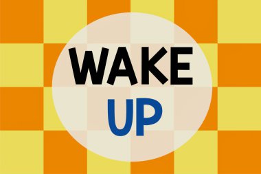 Uyan 'yı gösteren bir not yazıyorum. İş fotoğrafında uyanma ya da uyanma örneği gösteriliyor. Arka plan kombinasyonu iki renk karesi kusursuz doku deseni.