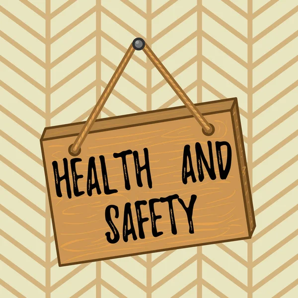 テキストを書く健康と安全の質問。事故を防止するための規制や手順のためのビジネスコンセプト正方形の長方形の非現実的な漫画の木の色の壁にハングアップ. — ストック写真