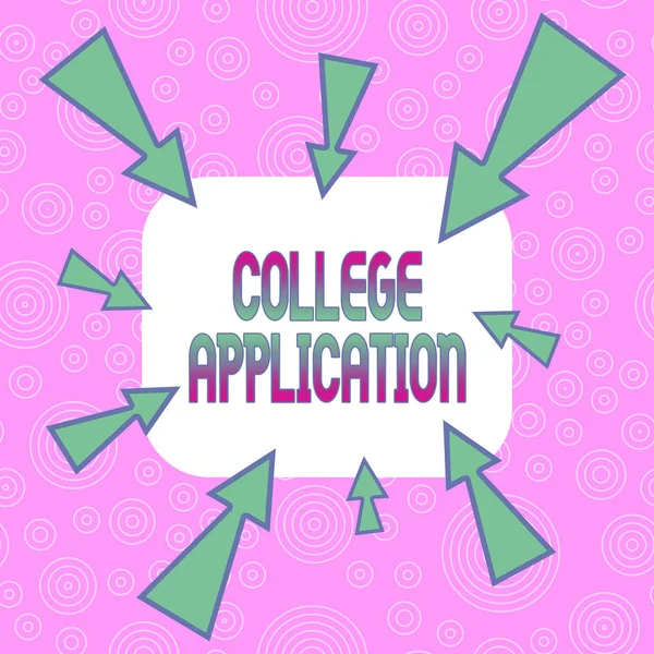 Conceptual hand writing showing College Application. Business photo showcasing individuals apply to gain entry into a college Asymmetrical uneven shaped pattern object multicolour design.