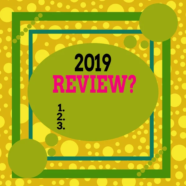 Text sign showing 2019 Review Question. Conceptual photo remembering past year events main actions or good shows Asymmetrical uneven shaped format pattern object outline multicolour design. — Stock Photo, Image