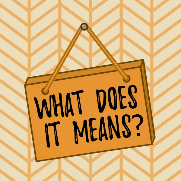単語の書き込みテキスト質問を意味します。あなたが理解していない意味について誰かに尋ねるためのビジネスコンセプト正方形の長方形非現実的な漫画の木の色の壁にハングアップ. — ストック写真