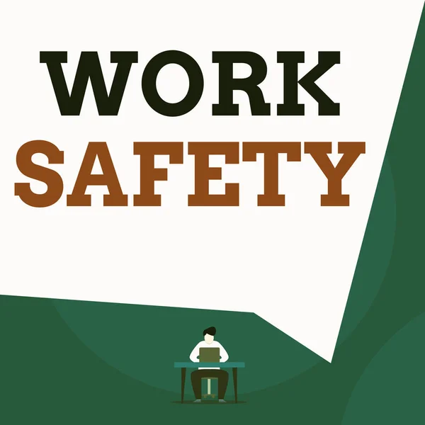 Writing note showing Work Safety. Business photo showcasing policies and procedures in place to ensure safety in workplace Man sitting chair desk working laptop geometric background. — Stock Photo, Image