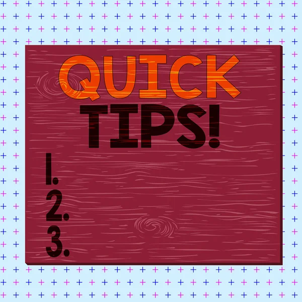 Tulisan Word Quick Tips. Konsep bisnis untuk bagian kecil tetapi sangat berguna dari nasihat praktis persegi panjang kartun kayu yang tidak nyata dipaku terjebak di dinding berwarna . — Stok Foto