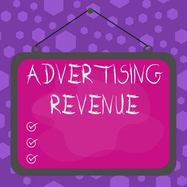 Writing note showing Advertising Revenue. Business photo showcasing money media earn from selling advertising space or time Asymmetrical uneven shaped pattern object multicolour design. — Stock Photo, Image