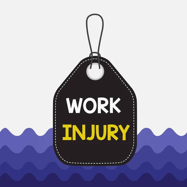 Text sign showing Work Injury. Conceptual photo illness caused by events or exposures in the work environment Empty tag blank space colorful background label rectangle attached string.