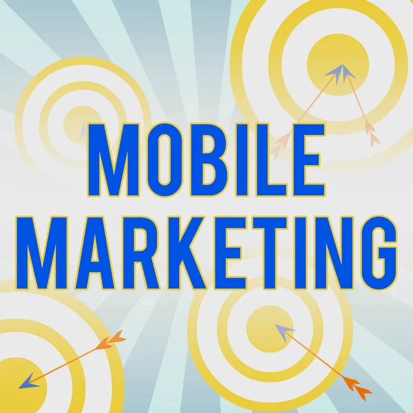 Writing note showing Mobile Marketing. Business photo showcasing promotional activity designed for delivery to cell phones Arrow and round target asymmetrical shape multicolour design. — Stock Photo, Image