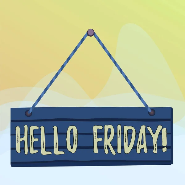 Writing note showing Hello Friday. Business photo showcasing used to express happiness from beginning of fresh week Wood plank nail pin string board colorful background wooden panel fixed.