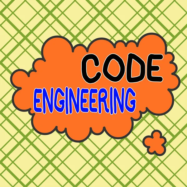 A escrever uma nota a mostrar Engenharia de Código. Foto de negócios mostrando aplicação de engenharia para o desenvolvimento de software Assimétrico desigual em forma de objeto padrão de design multicolorido . — Fotografia de Stock