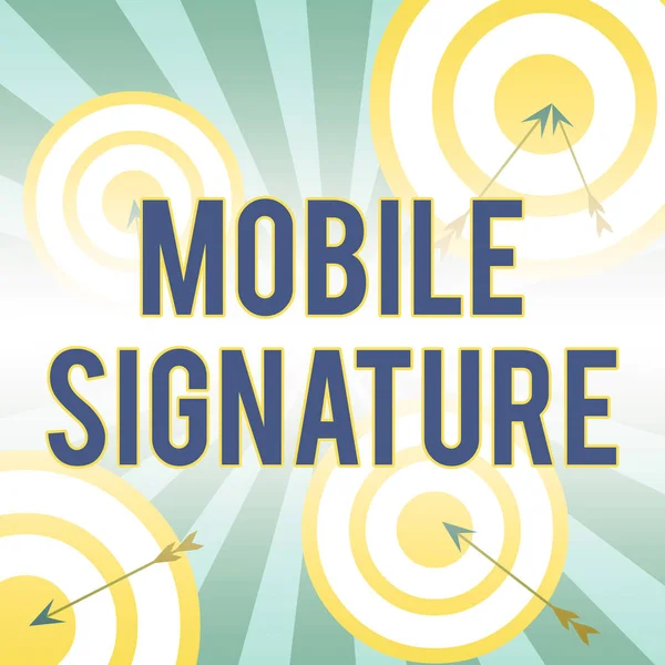 Note d'écriture montrant la signature mobile. Photo d'affaires présentant la signature numérique générée soit sur un téléphone portable Flèche et cible ronde forme asymétrique design multicolore . — Photo