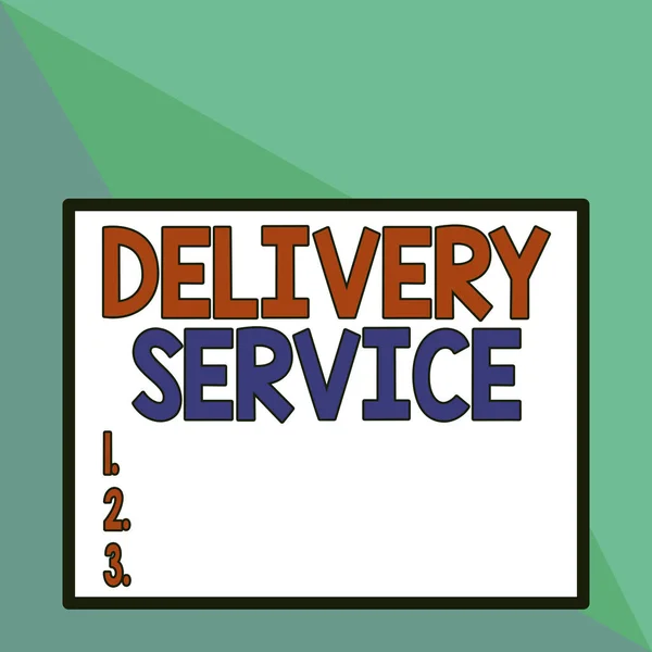 Signo de texto que muestra Delivery Service. Foto conceptual el acto de proporcionar un servicio de entrega a los clientes Vista frontal de cerca gran rectángulo en blanco fondo geométrico abstracto . — Foto de Stock