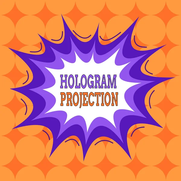 Ordskrivning text Hologram Projektion. Affärsidé för fotografisk projektion av en inspelning av ett ljus Asymmetriskt ojämnt format mönster objekt kontur flerfärgad design. — Stockfoto