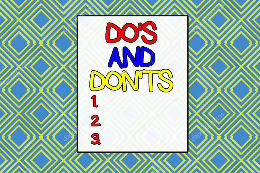Conceptual hand writing showing Do S And Don Ts. Business photo text Technologically complication of making a decision Repeating geometrical rhombus pattern Seamless design Wallpaper.