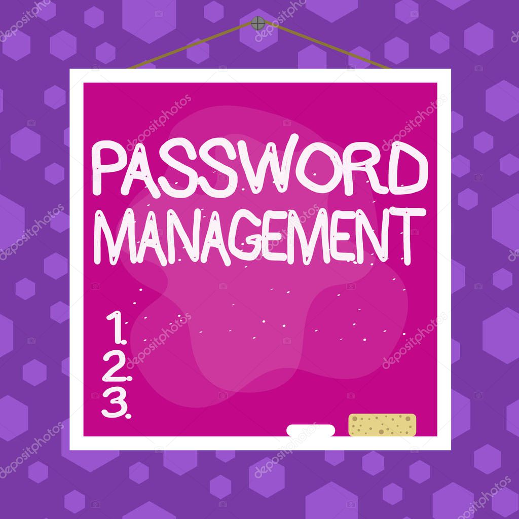 Writing note showing Password Management. Business photo showcasing software used to help users better analysisage passwords Asymmetrical uneven shaped pattern object multicolour design.