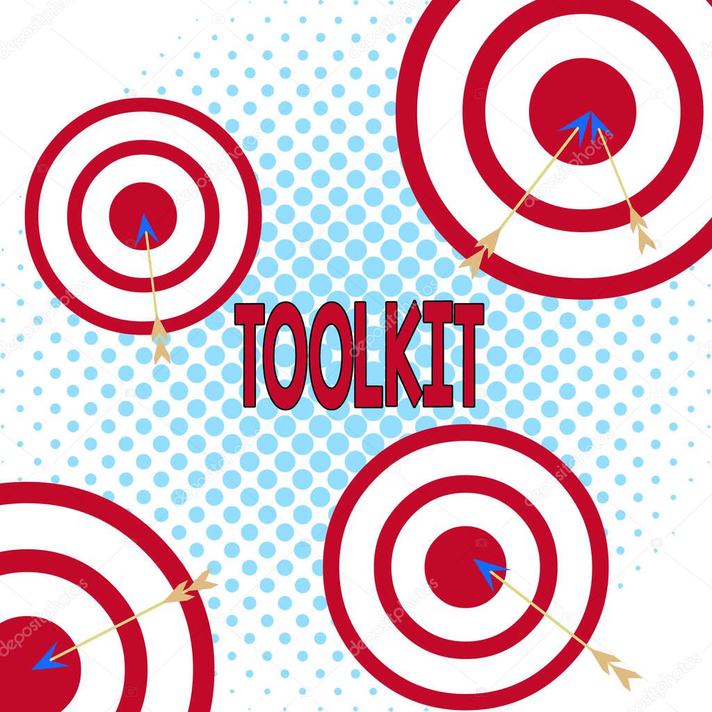 Word writing text Toolkit. Business concept for set of tools kept in a bag or box and used for a particular purpose Arrow and round target inside asymmetrical shaped object multicolour design.