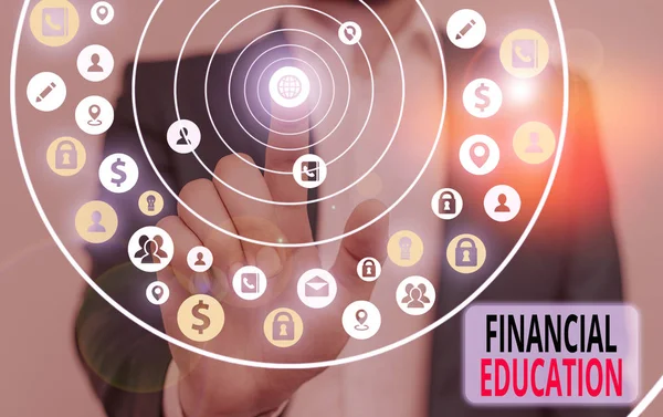 Escritura manual conceptual que muestra Educación Financiera. Educación y comprensión de diversas áreas financieras . —  Fotos de Stock
