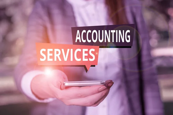 Text sign showing Accounting Services. Conceptual photo analyze financial transactions of a business or a demonstrating Woman in grey suites holds mobile phone.
