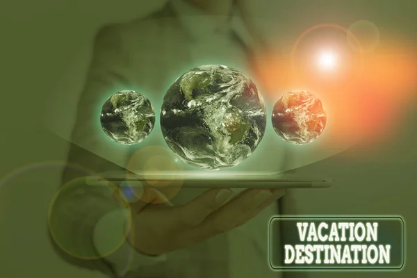 Handwriting text writing Vacation Destination. Concept meaning a place where showing go for holiday or relaxation Elements of this image furnished by NASA. — Stock Photo, Image