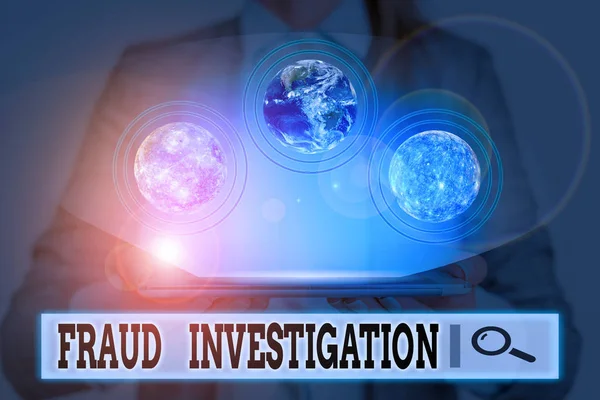 Writing note showing Fraud Investigation. Business photo showcasing process of determining whether a scam has taken place Elements of this image furnished by NASA. — Stock Photo, Image
