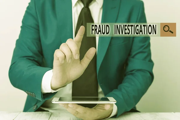 Conceptual hand writing showing Fraud Investigation. Business photo showcasing process of determining whether a scam has taken place Businessman with pointing finger in front of him. — Stock Photo, Image