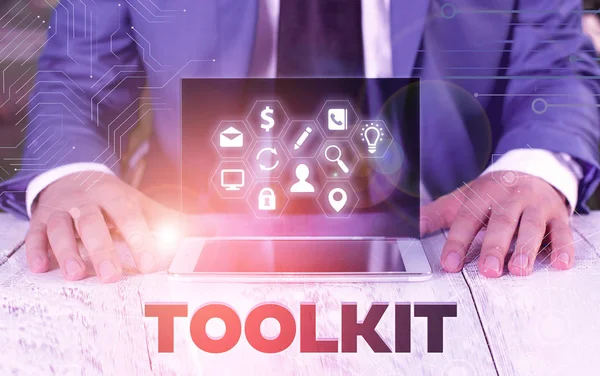 Tekst schrijven Toolkit. Bedrijfsconcept voor gereedschap dat in een tas of doos wordt bewaard en voor een bepaald doel wordt gebruikt. — Stockfoto