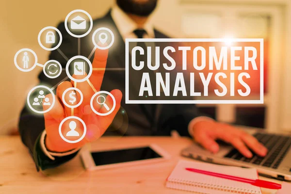 Writing note showing Customer Analysis. Business photo showcasing systematic examination of a company s is customer information.