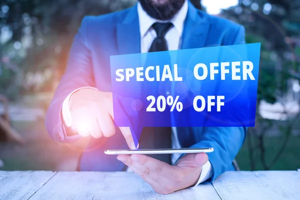 Text sign showing Special Offer 20 Off. Conceptual photo Discounts promotion Sales Retail Marketing Offer Businessman with pointing finger in front of him.