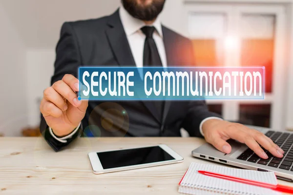 Writing note showing Secure Communication. Business photo showcasing preventing unauthorized interceptors from accessing Male human wear formal clothes present use hitech smartphone. — Stock Photo, Image