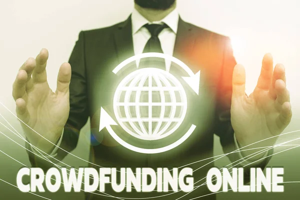 Text sign showing Crowdfunding Online. Conceptual photo raising small amounts of money from analysisy showing. — Stock Photo, Image