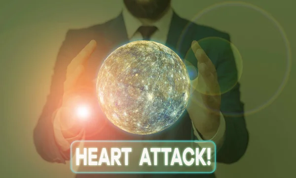 Conceptual hand writing showing Heart Attack. Business photo showcasing sudden occurrence of coronary thrombosis resulting in death Elements of this image furnished by NASA. — Stock Photo, Image