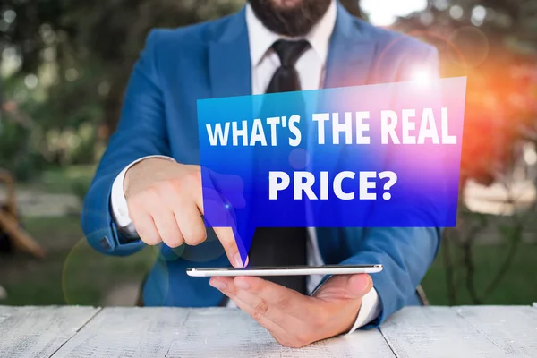 Text tecken som visar vad s är Real Price frågan. Konceptuell bild Ange det verkliga värdet av egendom eller företag Affärsman med pekfingret framför honom. — Stockfoto
