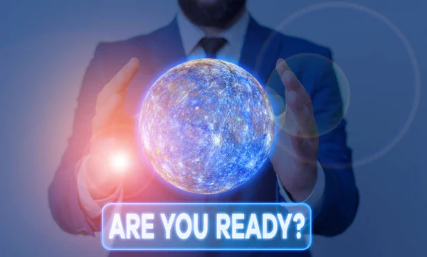 Conceptual hand writing showing Are You Ready Question. Business photo showcasing used telling someone start something when feel prepared Elements of this image furnished by NASA. — Stock Photo, Image