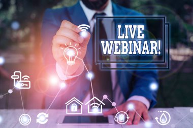 Kelime yazma metni Live Webinar. Web üzerinden aktarılan sunum konuşması veya seminer için iş konsepti.