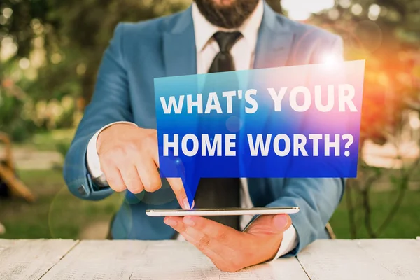 Text sign showing What s is Your Home Worth question. Conceptual photo Value of a house Property Cost Price Rate Businessman with pointing finger in front of him.