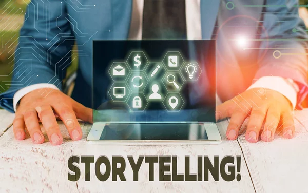 Woord tekst schrijven storytelling. Bedrijfsconcept voor het schrijven van verhalen voor het publiceren ervan naar het publiek. — Stockfoto