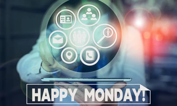 Textschild mit Happy Monday. Ein Foto, das zeigt, dass er eine gute neue Woche wünscht. — Stockfoto