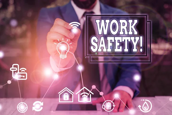 Kelime yazma metni İş Güvenliği. Çalışanların sağlığını sağlamak için uygulanan politika ve prosedürler için iş kavramı.