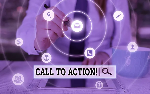 Texto de escrita de palavras Call To Action. Conceito de negócio para exortação fazer algo para alcançar objetivo com problema . — Fotografia de Stock