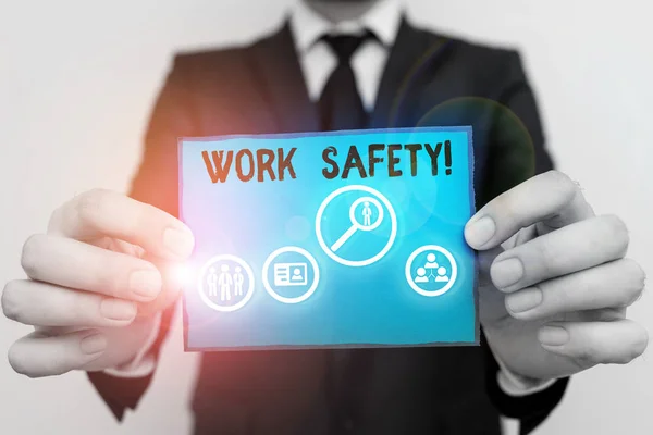作業の安全性を示す概念的な手書き。従業員の健康を確保するための方針と手順を示すビジネス写真. — ストック写真