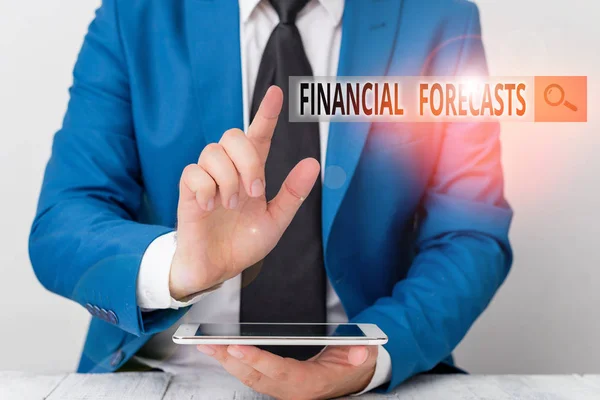 Scrittura concettuale a mano che mostra le previsioni finanziarie. Business foto in mostra stima dei futuri risultati finanziari per una società uomo d'affari con il dito puntato di fronte a lui . — Foto Stock