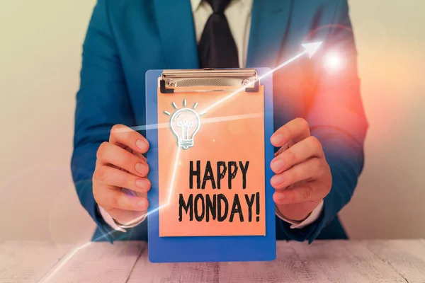 Writing note showing Happy Monday. Business photo showcasing telling that demonstrating order to wish him great new week.
