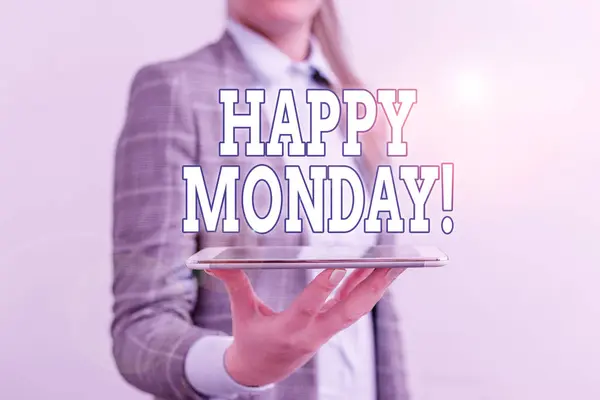 Text sign showing Happy Monday. Conceptual photo telling that demonstrating order to wish him great new week Business concept with mobile phone and business woman.