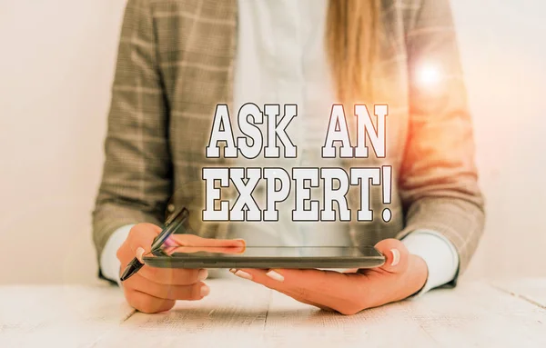 Conceptual hand writing showing Ask An Expert. Business photo text confirmation that have read understand and agree with guidelines Business woman sitting with mobile phone on the table. — Stockfoto