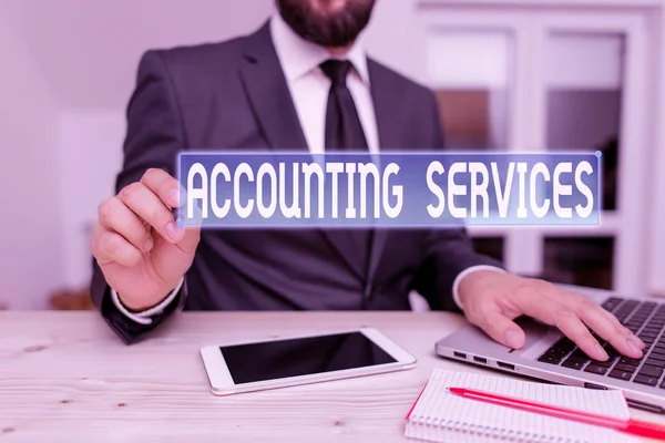 Writing note showing Accounting Services. Business photo showcasing analyze financial transactions of a business or a demonstrating Male human wear formal clothes present use hitech smartphone. — Stock Photo, Image