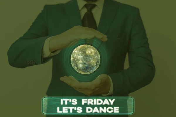 Word writing text It s is Friday Let s is Dance. Business concept for Celebrate starting the weekend Go party Disco Music Elements of this image furnished by NASA.
