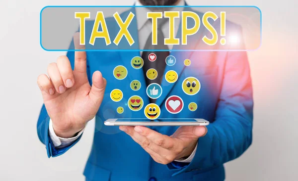 Conceptual hand writing showing Tax Tips. Business photo text compulsory contribution to state revenue levied by government. — Stock Photo, Image