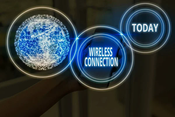 Text sign showing Wireless Connection. Conceptual photo there is no physical wired connection between networks Elements of this image furnished by NASA. — Stock Photo, Image