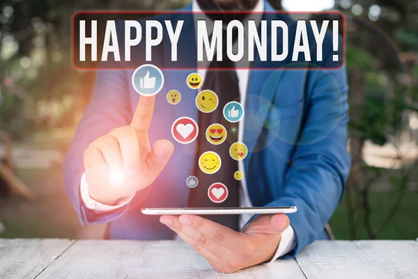 Schreiben Notiz zeigt Happy Monday. Business-Foto zeigt bezeichnend, dass demonstrierende Ordnung, um ihm gute neue Woche zu wünschen. — Stockfoto