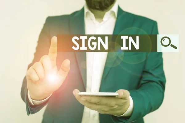 Word writing text Sign In. Business concept for to write your name on a form when entering or leaving a place Businessman in the blue suite with lap top pointing with finger. — 스톡 사진