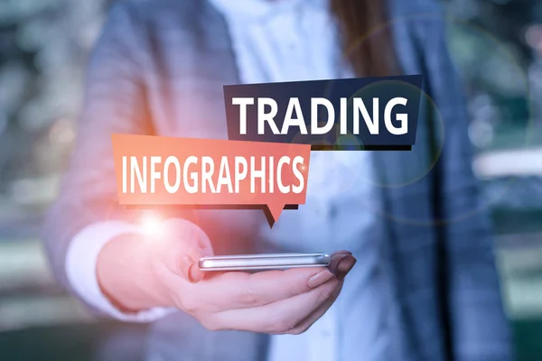 Text sign showing Trading Infographics. Conceptual photo visual representation of trade information or data Woman in grey suites holds mobile phone. — 스톡 사진