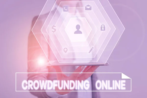 Conceptual hand writing showing Crowdfunding Online. Business photo showcasing raising small amounts of money from analysisy showing. — Stock Photo, Image